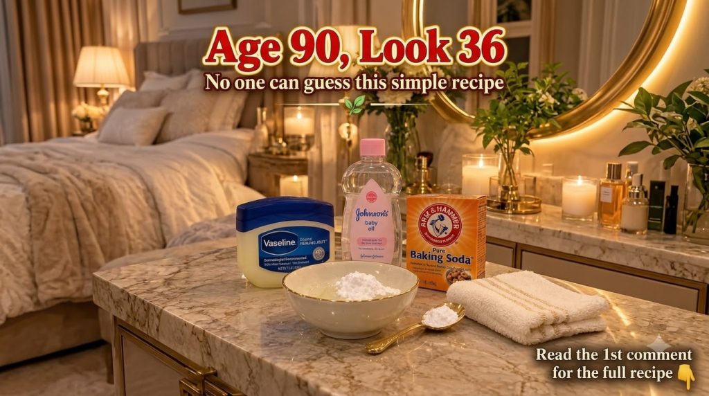 A trio of Vaseline Johnson s Baby Oil and Arm Hammer Baking Soda bottles arranged on a marble counter with a small bowl
