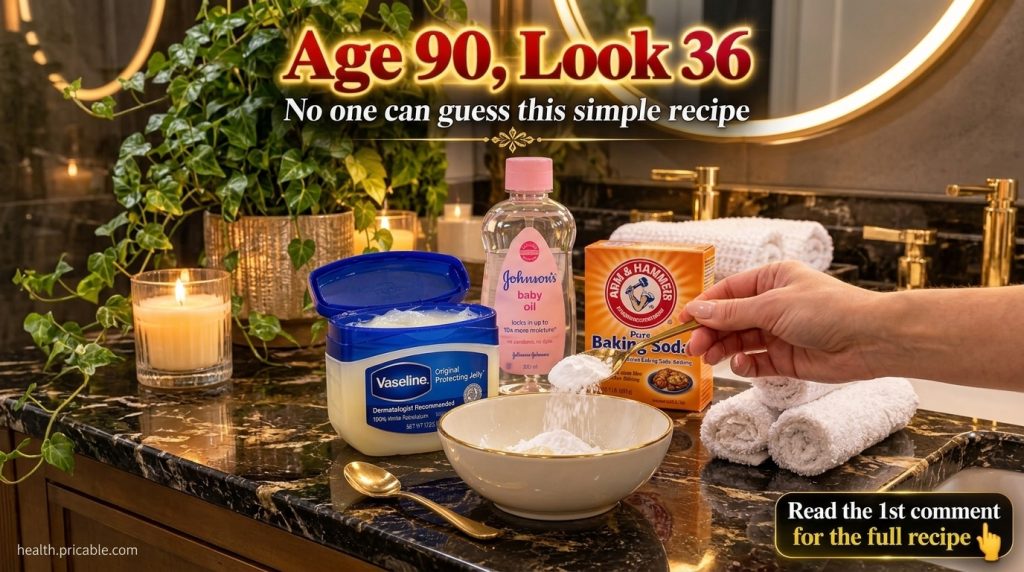 A close-up overhead shot of a hand pouring baking soda into a bowl with Vaseline surrounded by other beauty ingredients 