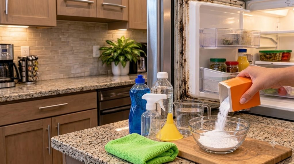 A hand pouring baking soda from an orange box into a glass bowl surrounded by cleaning supplies like a water bottle spra