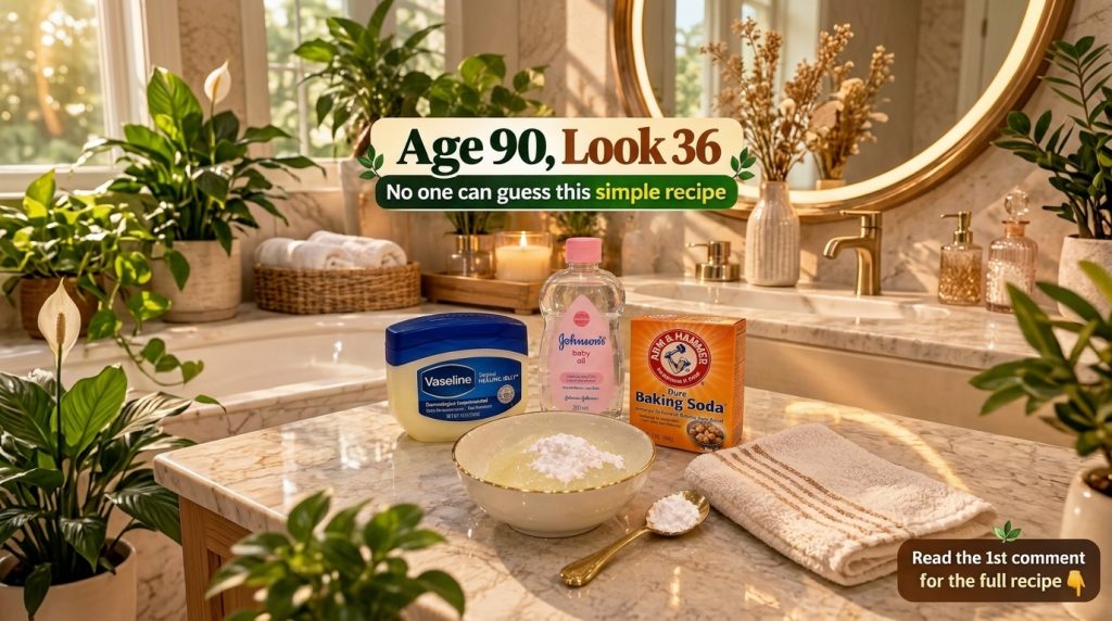 A bathroom countertop setup featuring Vaseline Johnson s Baby Oil and Arm Hammer Baking Soda A bowl with a white mixture