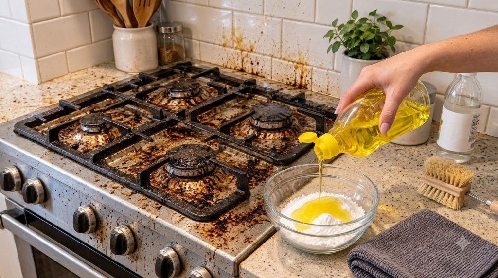 A severely soiled kitchen stove top and backsplash covered in heavy grease and food splatter In the foreground a hand ho