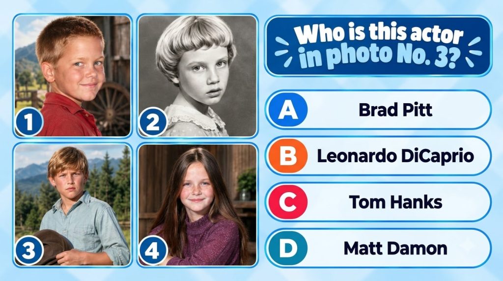 A multiple-choice quiz displaying a childhood photo of a famous actor with four options for who it might be