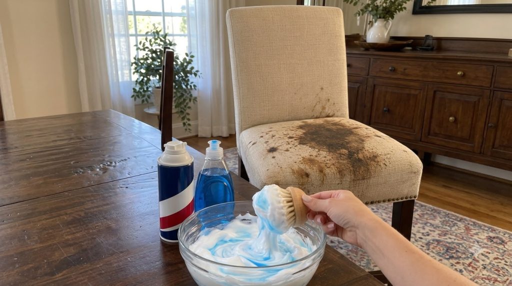 A close-up of a hand holding a brush dipped into a bowl with white foam and blue liquid next to a can of shaving cream a