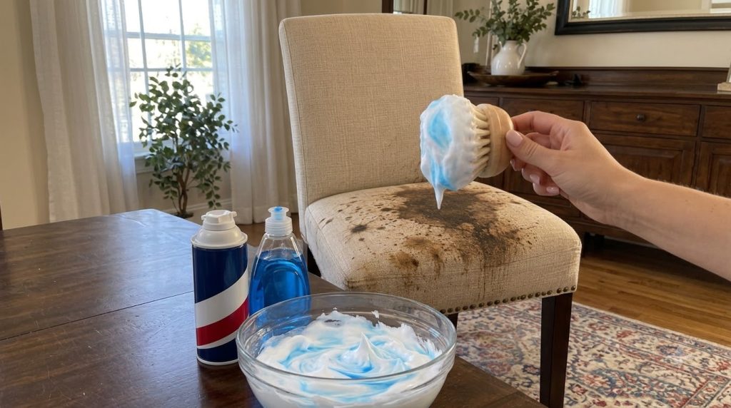 A stained upholstered dining chair is in the background In the foreground a clear glass bowl contains a white foam mixed