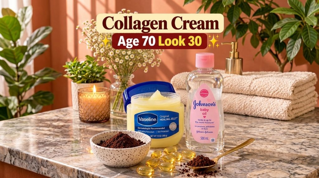 A beautiful arrangement of natural beauty ingredients and products on a marble surface Features a jar of Vaseline a bott