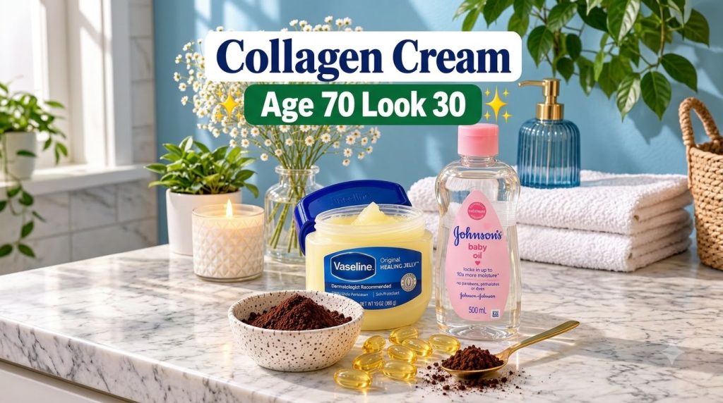 A flat lay composition of Vaseline Original Healing Jelly Vitamin E capsules and baby oil surrounded by natural elements