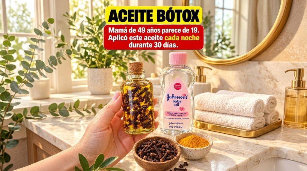 A hand holding a small glass bottle with oil and cloves next to a bottle of baby oil a wooden bowl of cloves and a ceram