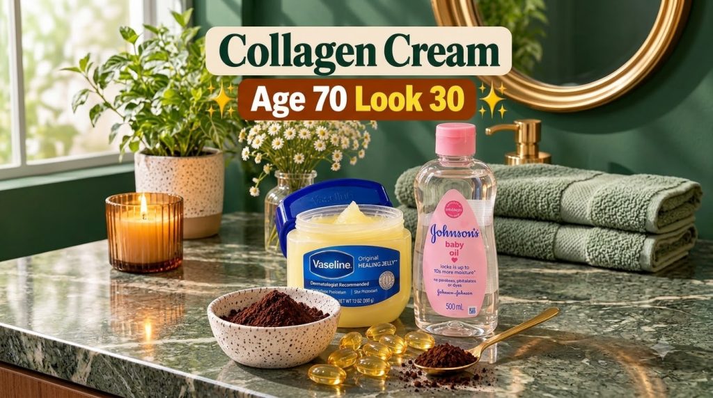 A still life composition on a green marble counter featuring an open jar of Vaseline a bottle of Johnson s baby oil a bo