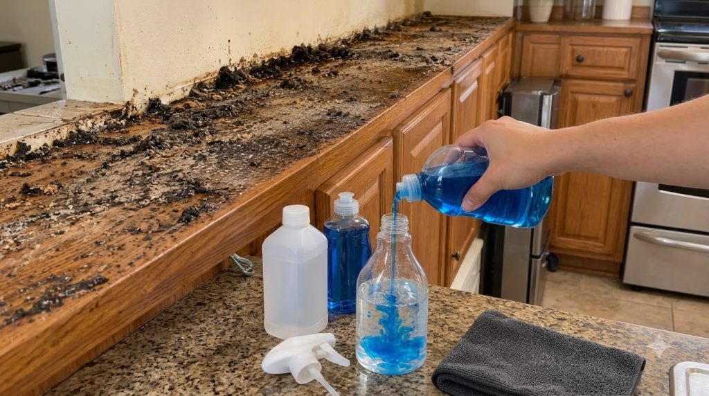 Una mano vertiendo jabón líquido azul en una botella con agua preparando una mezcla de limpieza casera para una cocina m