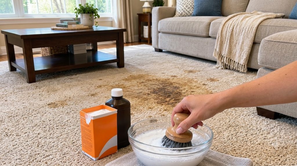 A close-up low-angle view of a person s hand holding a scrub brush in a bowl of soapy water preparing to clean a heavily
