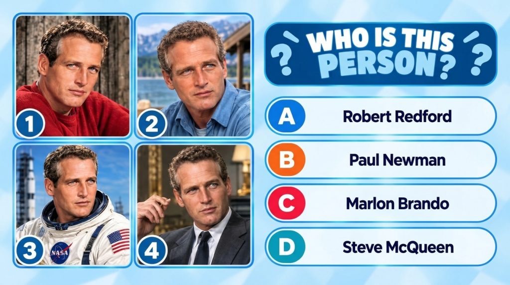 A mobile quiz game screen showing a 2x2 grid of Paul Newman s headshots in different roles and settings Below the images