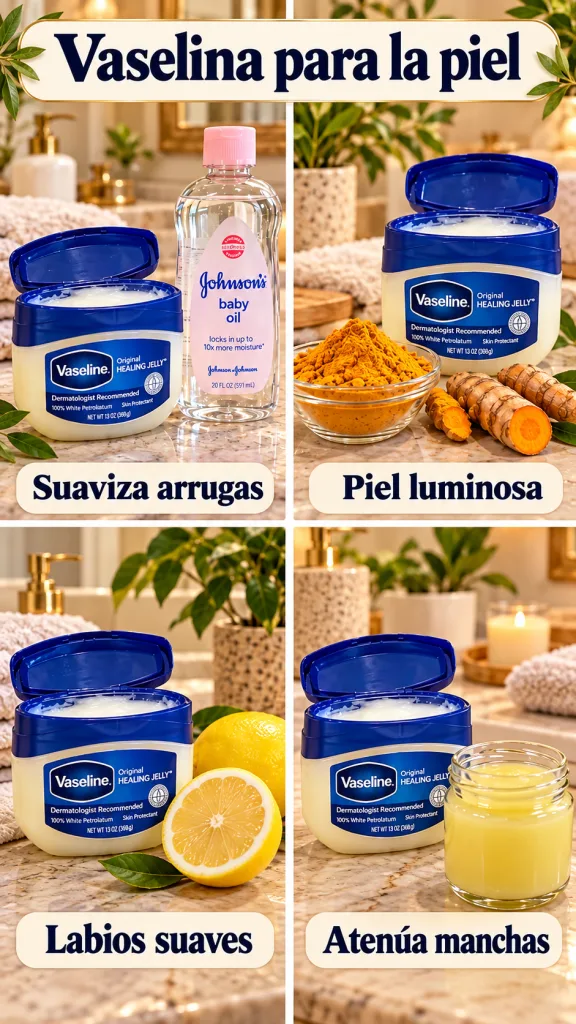 A vertical four-panel collage featuring Vaseline jars with baby oil turmeric and lemon Each panel shows a bathroom setti