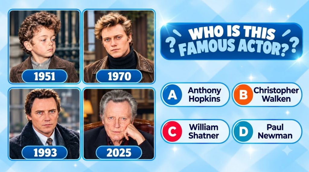 A multiple-choice quiz image showing four portraits of Tom Hanks at different ages 1951 1970 1993 2025 with a question a