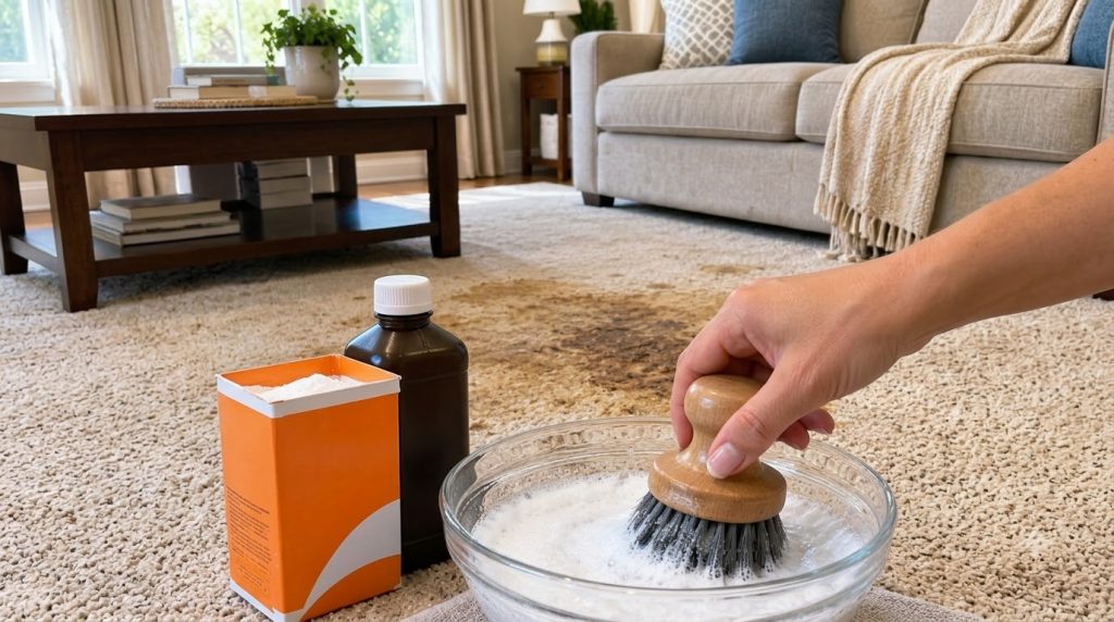 A close-up low-angle view of a dirty carpet with multiple large stains A hand holds a scrubbing brush immersed in a glas