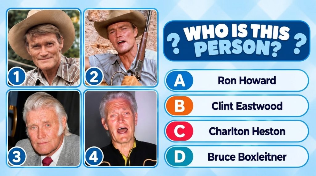A multi-part quiz screen with four portraits of John Wayne at different ages from young to older Below the portraits the