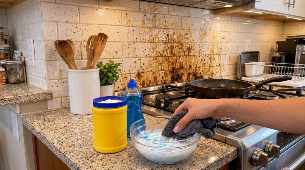A hand dipping a grey microfiber cloth into a glass bowl with a foamy white and blue cleaning liquid Next to it are a ye