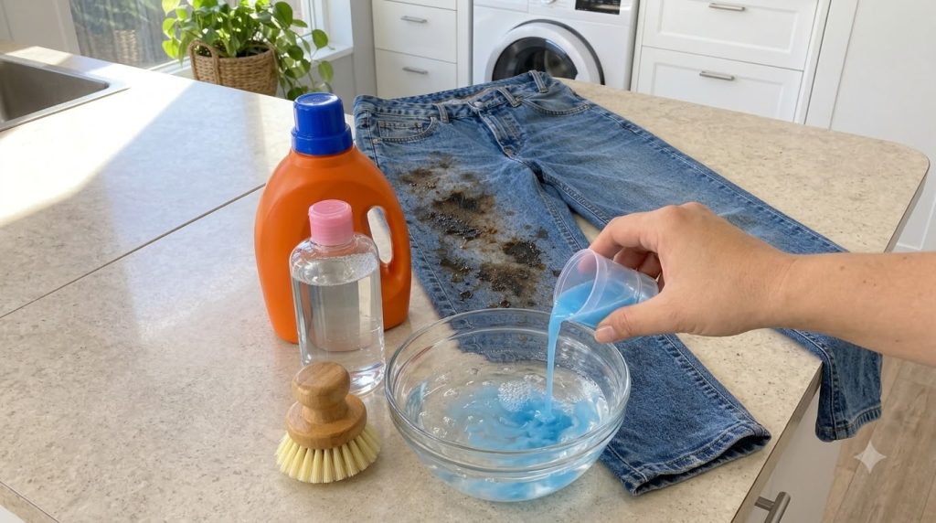 A pair of blue denim jeans heavily stained with mud laid out on a light countertop surrounded by cleaning supplies A han