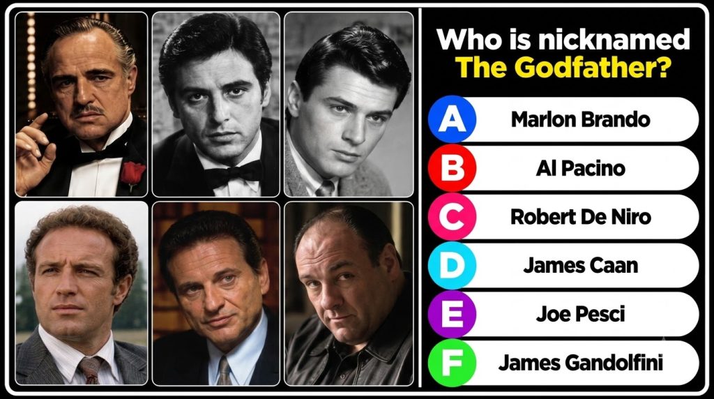 Quiz layout with multiple headshots of classic actors focusing on Marlon Brando dressed as Vito Corleone and the quiz qu