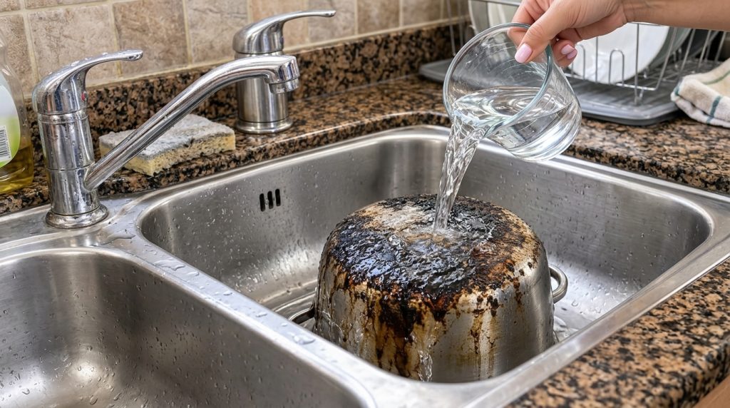 A hand pouring water from a glass measuring cup onto the heavily burnt bottom of an inverted pot in a stainless steel si