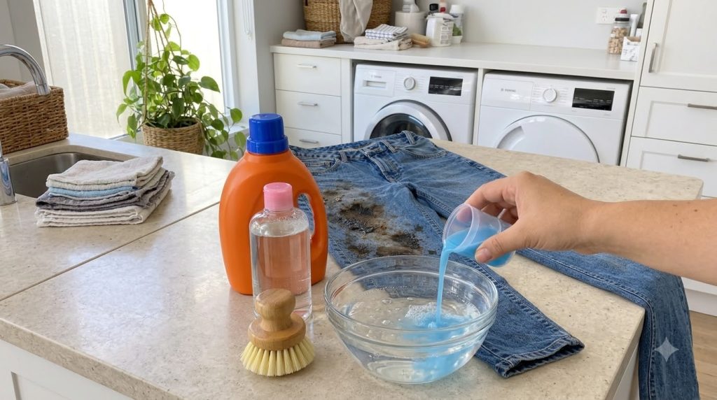 A pair of blue denim jeans heavily stained with dirt or mud laid out on a light-colored countertop A hand is pouring a s