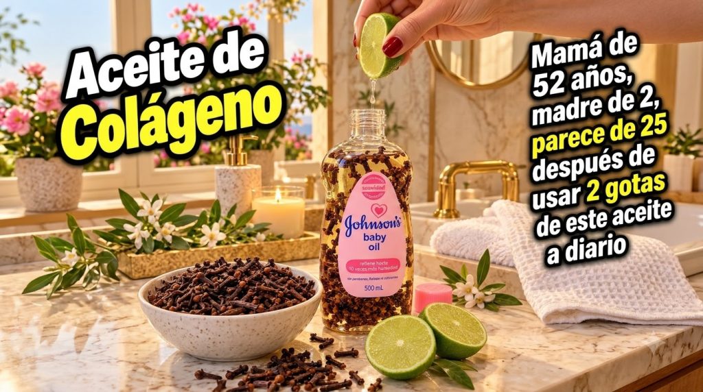 A bottle of Johnson s baby oil presented as Aceite de Colágeno with cloves sliced limes and a lit candle in a luxurious