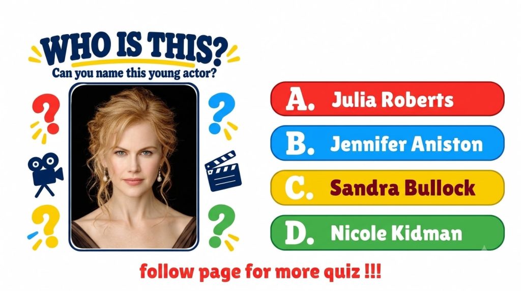 A quiz graphic featuring a central portrait of a young Nicole Kidman with question marks film-related icons and the quiz