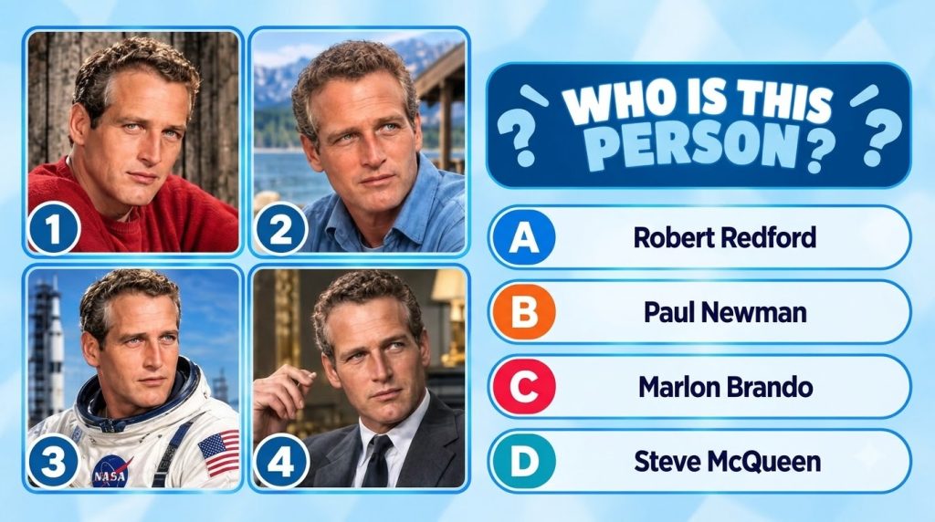 A multiple-choice quiz image showing four distinct photographs of Paul Newman in different settings casual lakeside astr