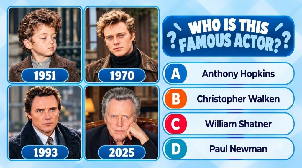 A four-panel grid showing Clint Eastwood at different life stages labeled 1951 1970 1993 and 2025 Below is the quiz ques
