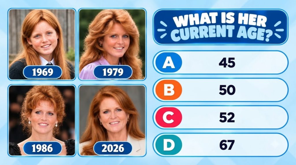 Quiz image showing four portraits of a red-haired woman from 1969 1979 1986 and 2026 with multiple choice options below