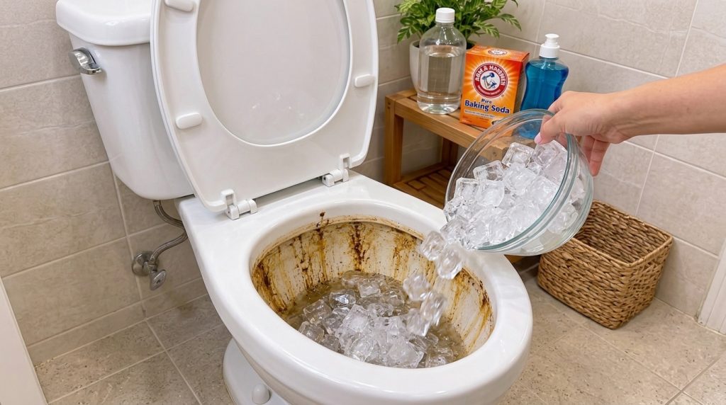 Una mano vierte cubos de hielo en el inodoro sucio salpicando el agua