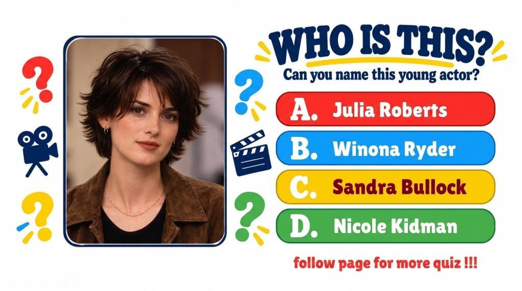 A colorful quiz interface featuring a portrait of young Winona Ryder with the question WHO IS THIS and multiple choice o
