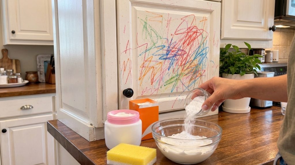 A hand mixing white powder baking soda into a creamy substance cold cream in a glass bowl on a kitchen counter with colo