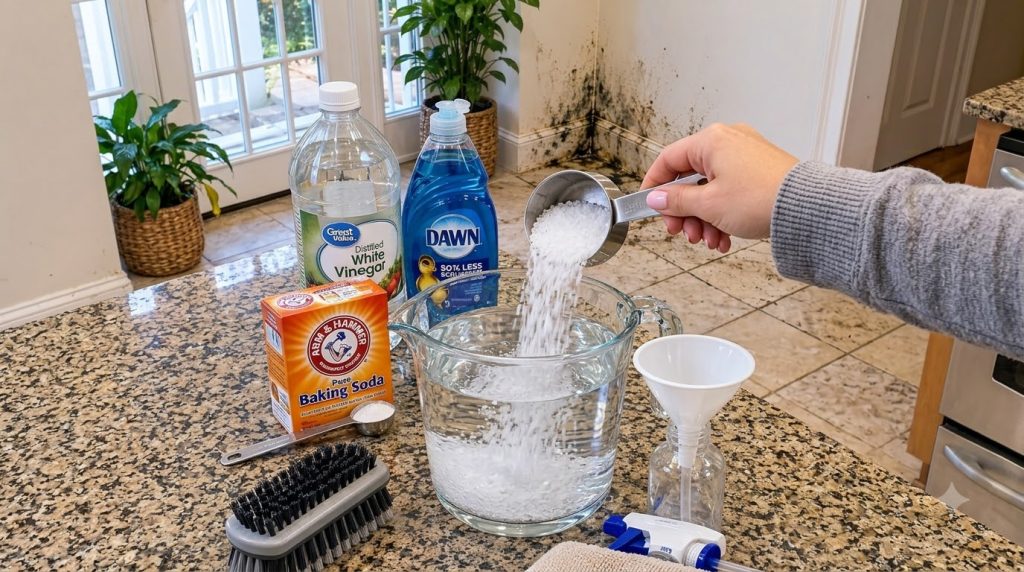 Una persona vertiendo bicarbonato de sodio en una jarra con agua y otros ingredientes de limpieza como vinagre y jabón a
