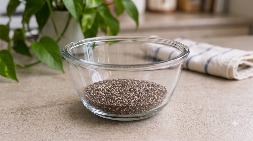 A close-up shot of a glass jar filled with layered chocolate tahini chia pudding garnished with shredded coconut