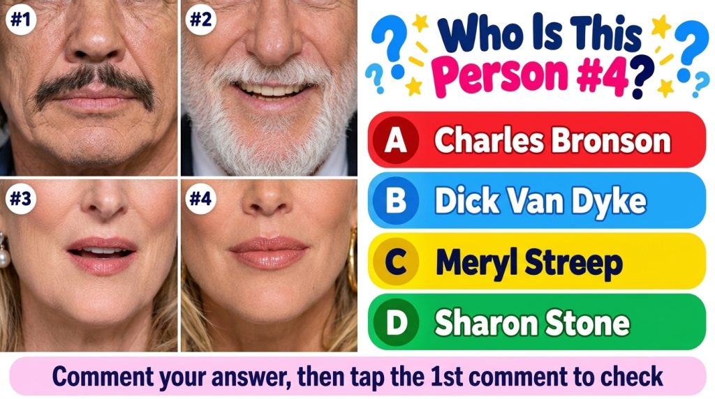 A social media quiz card showing a 2x2 grid of extreme close-up celebrity lower faces and the question Who Is This Perso