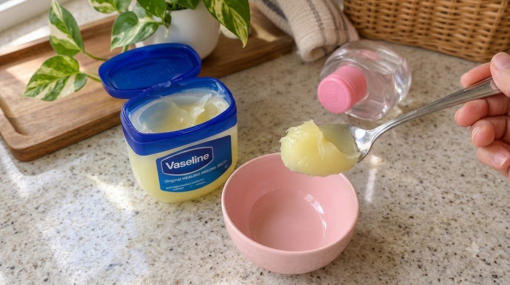 A tub of Vaseline Original Healing Jelly with a spoonful of the product held above a pink ceramic bowl on a light speckl