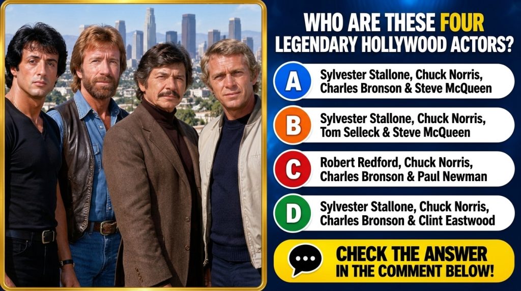 A quiz card showing a composite image of four legendary Hollywood actors Sylvester Stallone Chuck Norris Charles Bronson