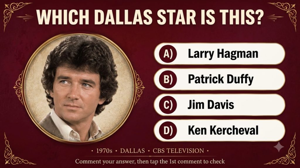 A quiz card showing a portrait of Patrick Duffy in his younger years framed in a gold circle with the question WHICH DAL