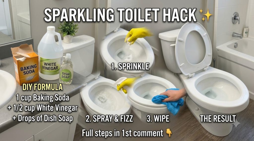 A person s hand wearing a protective glove wiping the rim of a white toilet with a blue microfiber cloth The toilet seat