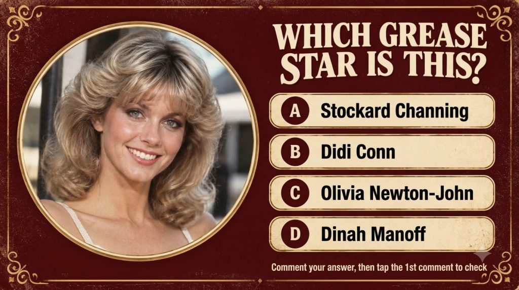 A vertical mobile quiz card with a burgundy background The quiz question WHICH GREASE STAR IS THIS is at the top The cen
