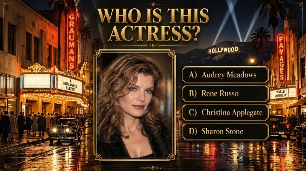Quiz image showing a portrait of Rene Russo with the question Who Is This Person and options A Audrey Meadows B Rene Rus