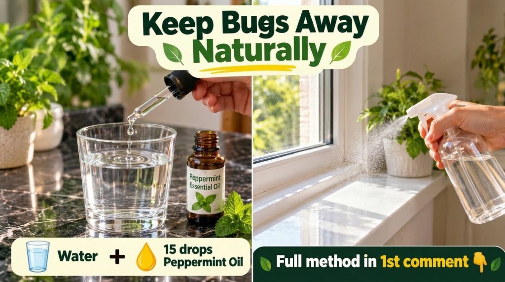 A hand holding a clear drinking glass with a blank label and text overlay about an aromatic insect repellent on a dark c