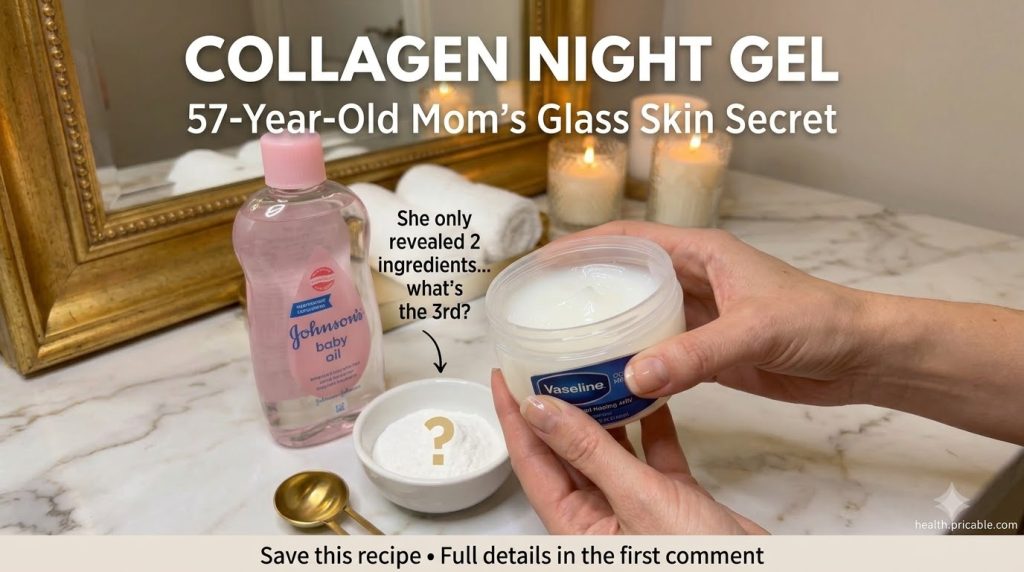 Hands mixing ingredients for a DIY collagen night gel in a warm well-lit bathroom setting
