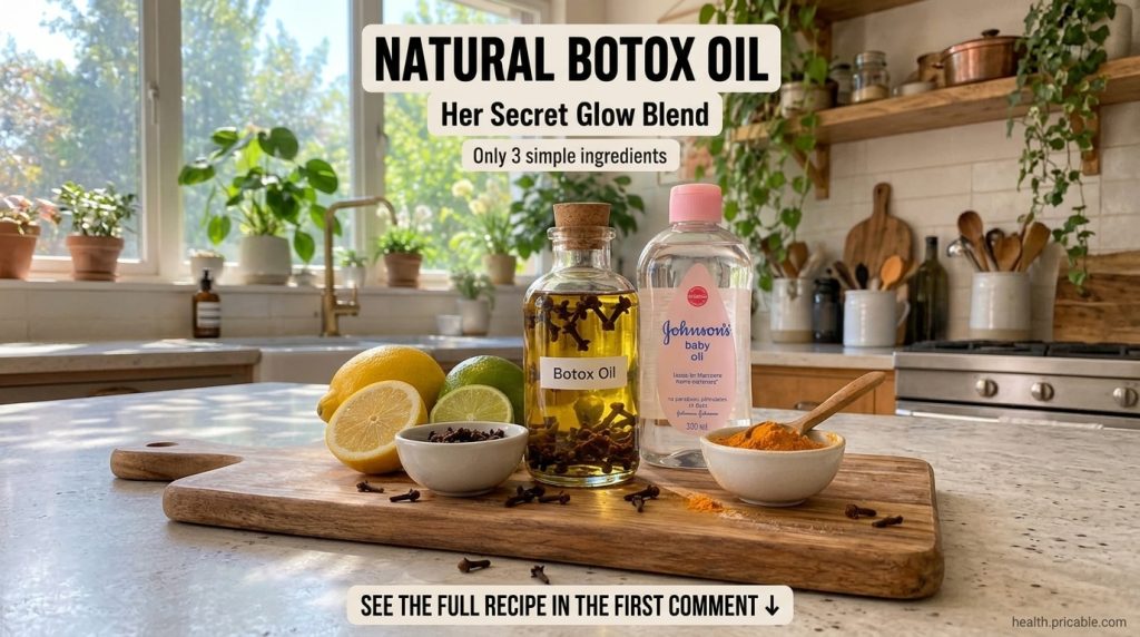 Ingredients for Natural Botox Oil on a wooden board a bottle of baby oil a bowl of whole cloves and a bowl of turmeric p