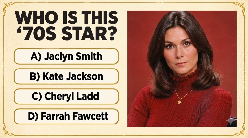Quiz image showing Subject 4 Kate Jackson a 1970s actress with dark shoulder-length hair and a red top