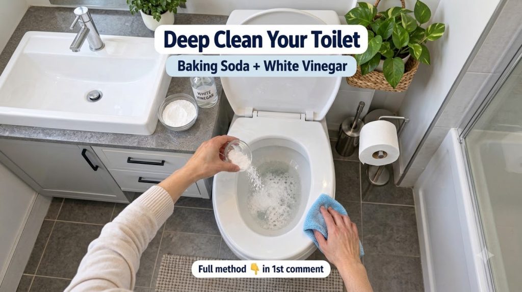 A person s hand wearing a glove wiping the rim of a white toilet bowl with a light blue microfiber cloth Foamy water is 