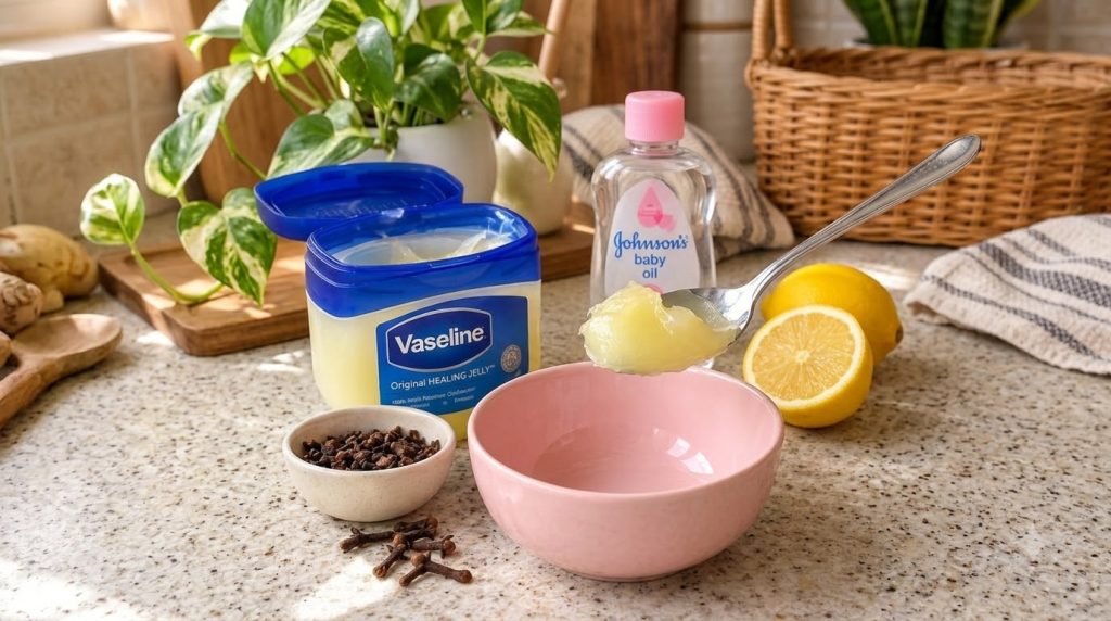 Various DIY beauty ingredients including an open tub of Vaseline baby oil whole and sliced lemons and cloves arranged on