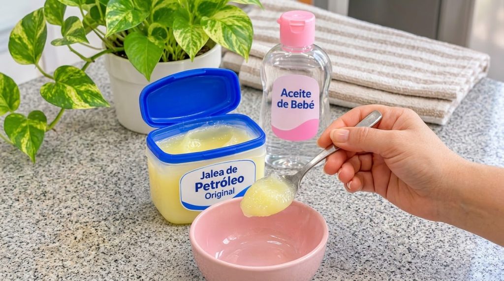 A hand holding a metal spoon scooping petroleum jelly from a blue-rimmed tub into a small pink ceramic bowl with a clear