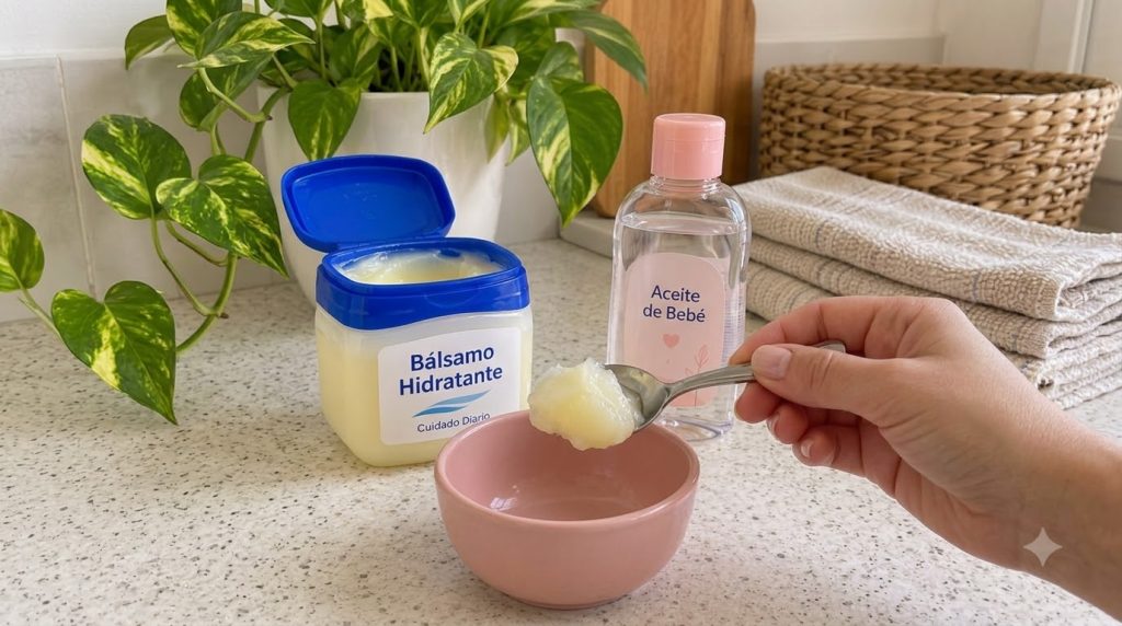A close-up of hands mixing Vaseline and baby oil in a pink bowl on a countertop