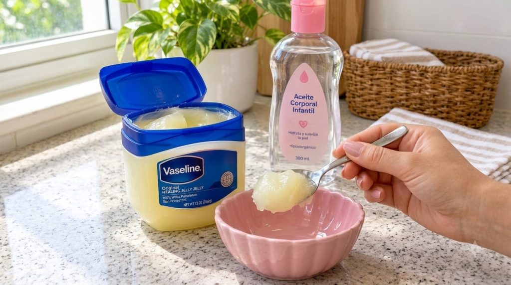 A hand scooping petroleum jelly into a pink ceramic bowl with a jar of petroleum jelly and a bottle of baby oil nearby o